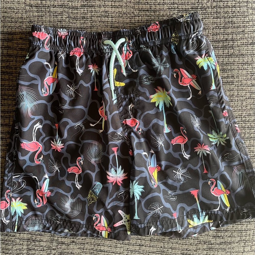Wonder Nation Kids Swim Shorts - Black with Pink and Green Flamingo Print